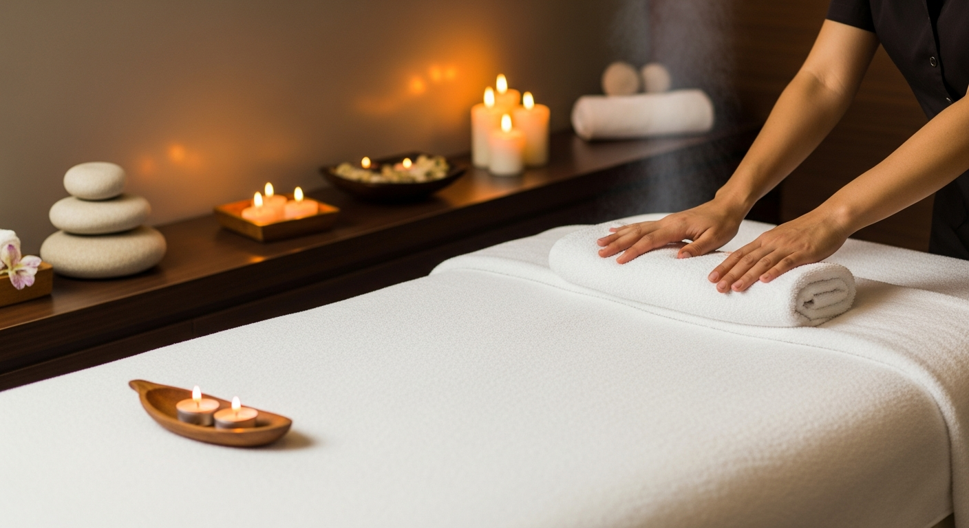 Cabine de soin relaxante avec bougies et huiles essentielles