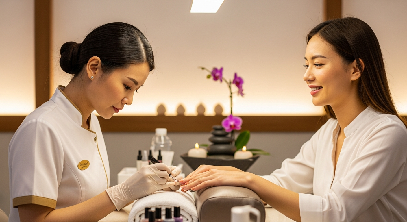 Espace bar à ongles avec une cliente se faisant faire une manucure